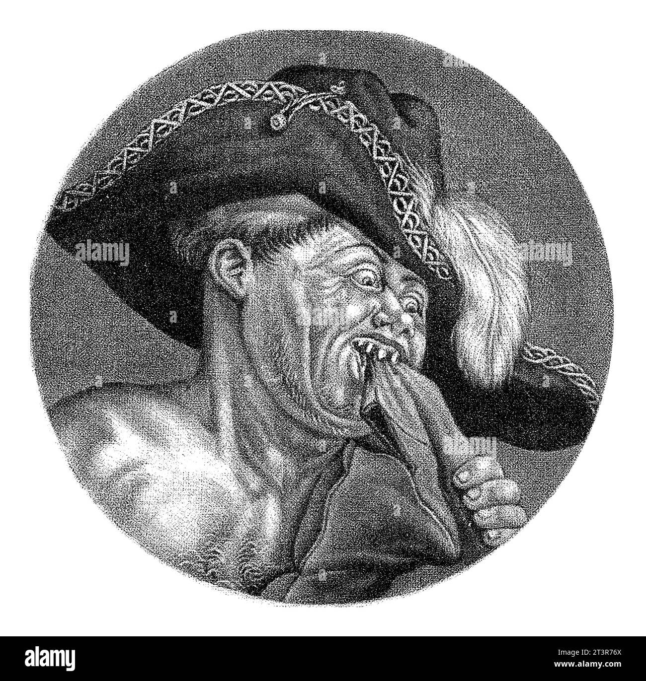 Monaco con un cappello piumato, Jacob Gole, dopo Cornelis Dusart, 1693 - 1700 Un monaco senza corpo. Ha graffiato i denti. La stampa fa parte di una serie di c Foto Stock
