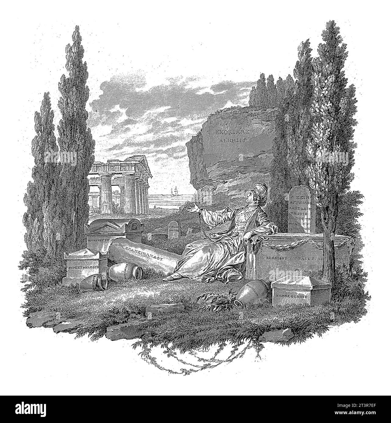 Paesaggio costiero con rovine e una rappresentazione allegorica della Grecia come una donna incatenata in un cimitero, Charles Nicolas Varin, dopo Jean Michel Mo Foto Stock