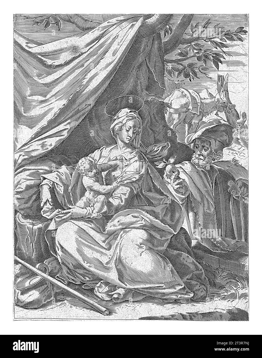 Riposo sulla fuga in Egitto, Agostino Carracci, dopo Bernardino Passeri, 1567 - 1602 la Sacra famiglia riposa davanti a un panno drappeggiato sopra tre Foto Stock