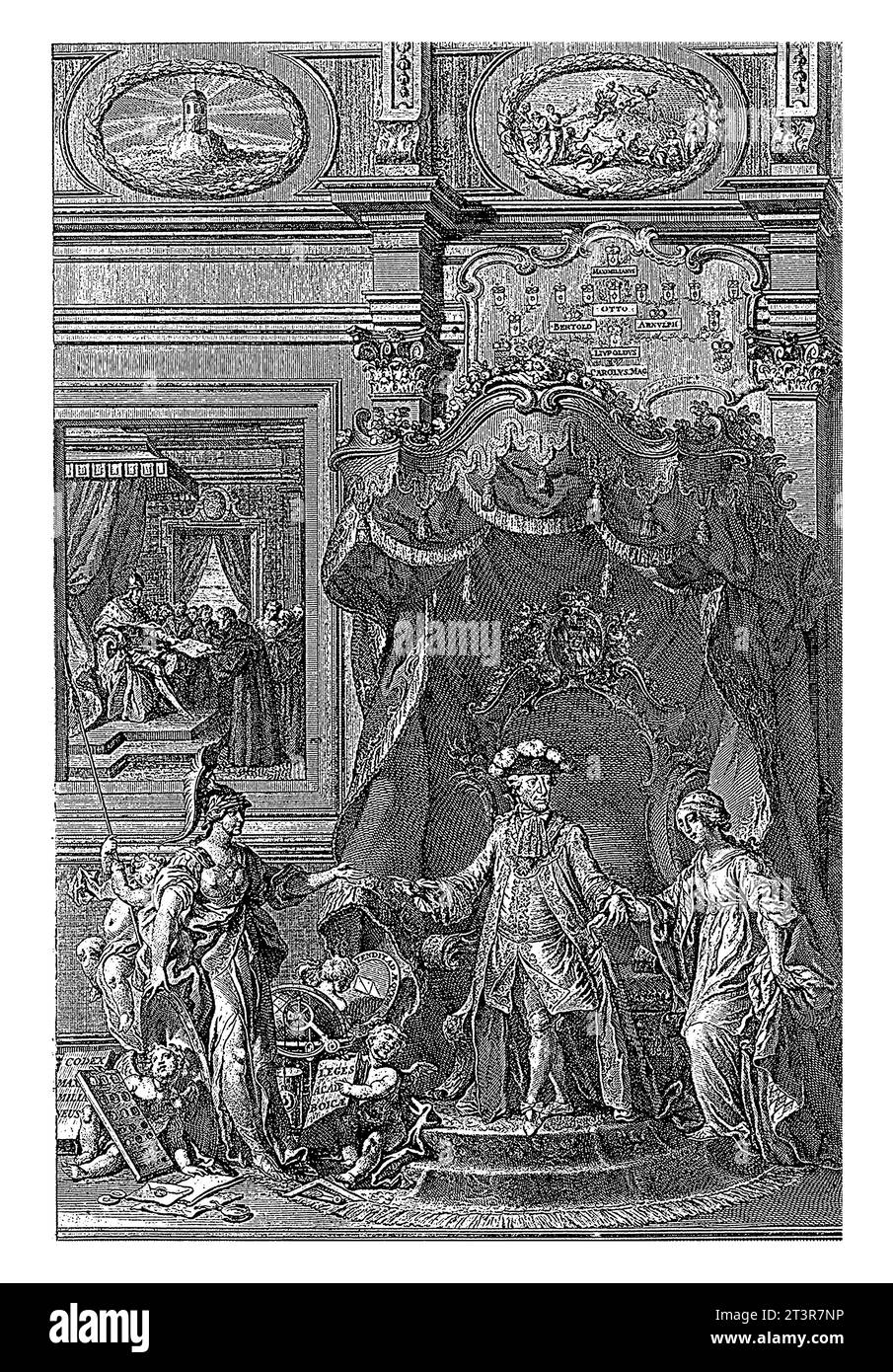 Ritratto di Massimiliano III Giuseppe, elettore di Baviera con allegorie, Johann Esaias Nilson, 1774 l'elettore guida la personificazione della Baviera. Foto Stock