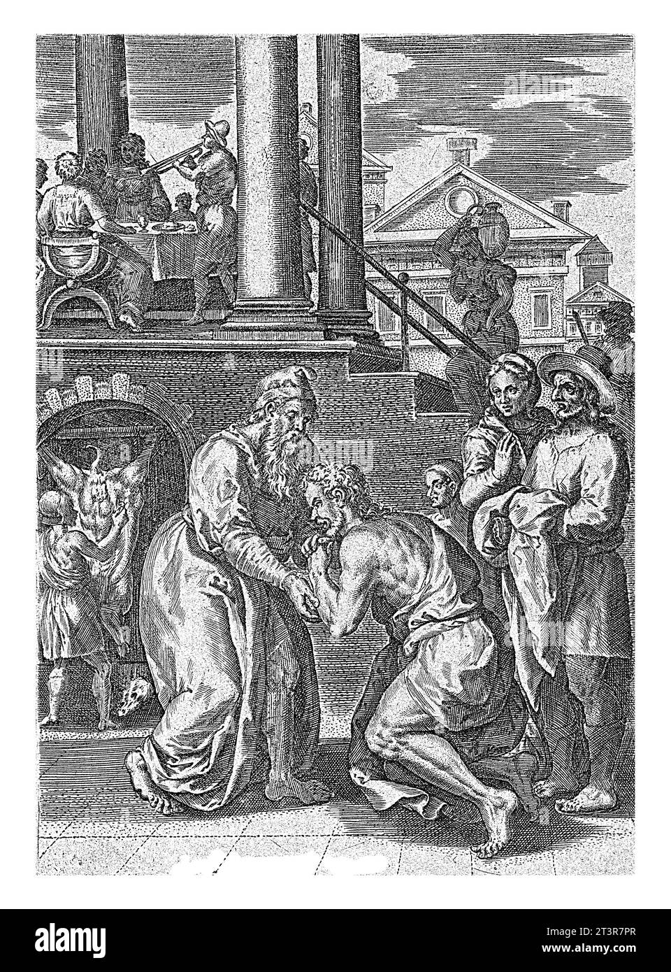 The Prodigal Son Comes Home, Abraham de Bruyn, dopo Crispijn van den Broeck, 1583 illustrazione del libro che accompagna la storia della parabola del Prod Foto Stock