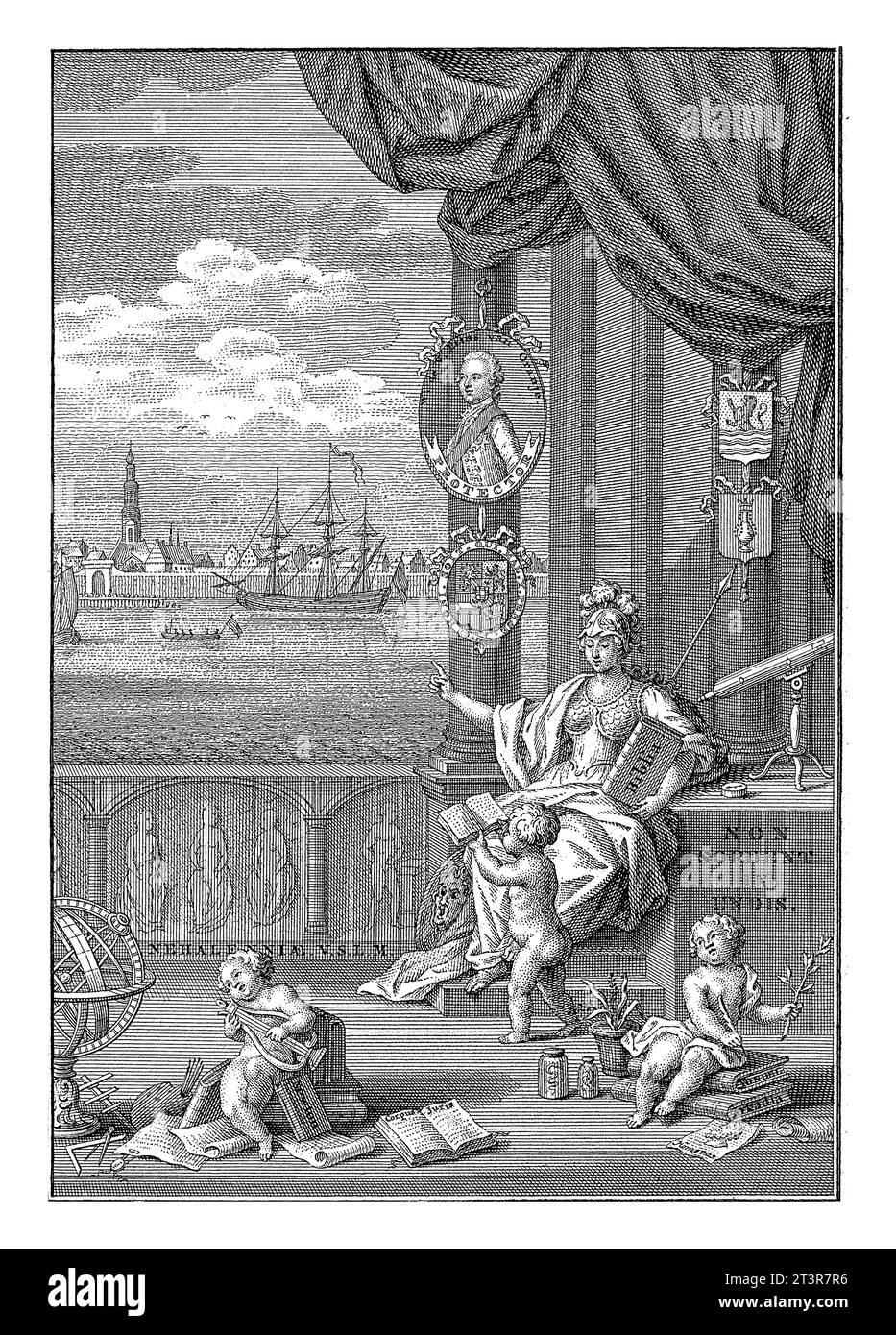 Allegoria con Minerva, Jacob van der Schley, dopo H. Nieuwenhuysen, 1751 - 1779 Minerva siede con tre putti su una terrazza che si affaccia su un ampio fiume W. Foto Stock