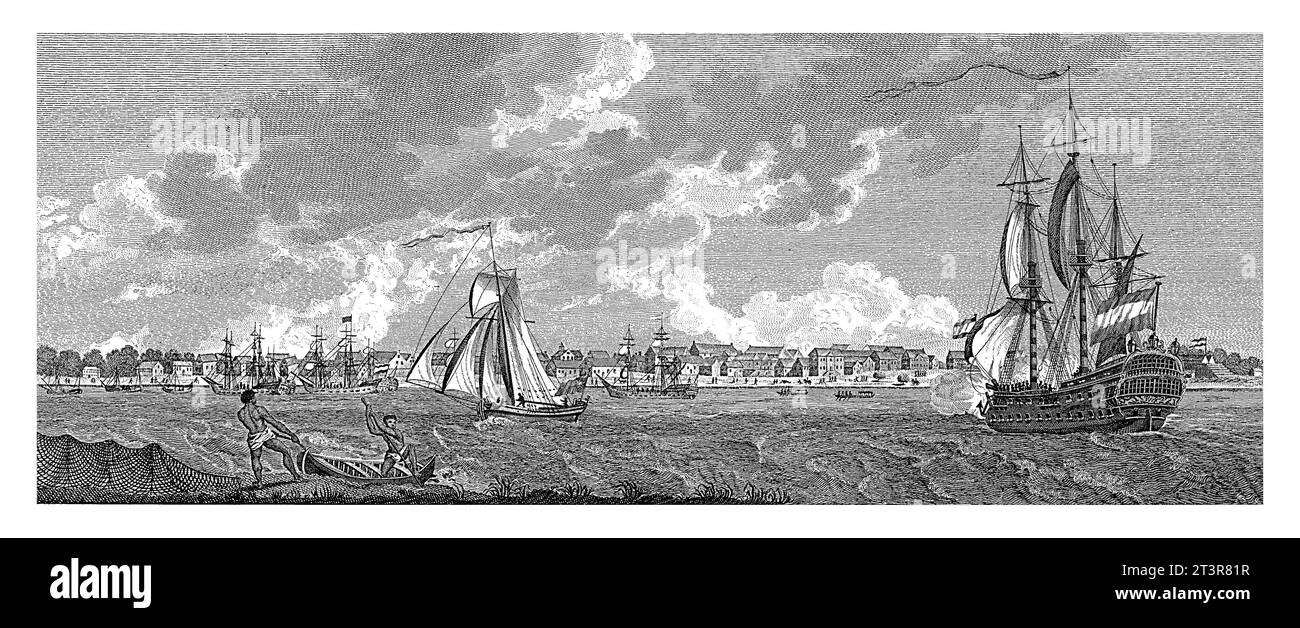 Vista di Paramaribo, Jacobus Wijsman, 1790 - 1799 Vista della città di Paramaribo dal mare. In primo piano le navi olandesi. Foto Stock