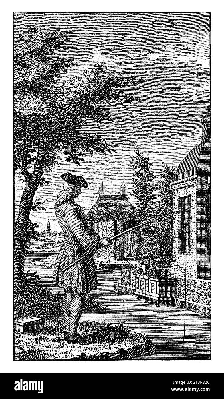 Giugno: angler, Jan Caspar Philips, 1736 - 1775 il mese di giugno: Un pescatore sulla riva di un fiume. Ai margini una poesia in due righe in olandese e in FR Foto Stock