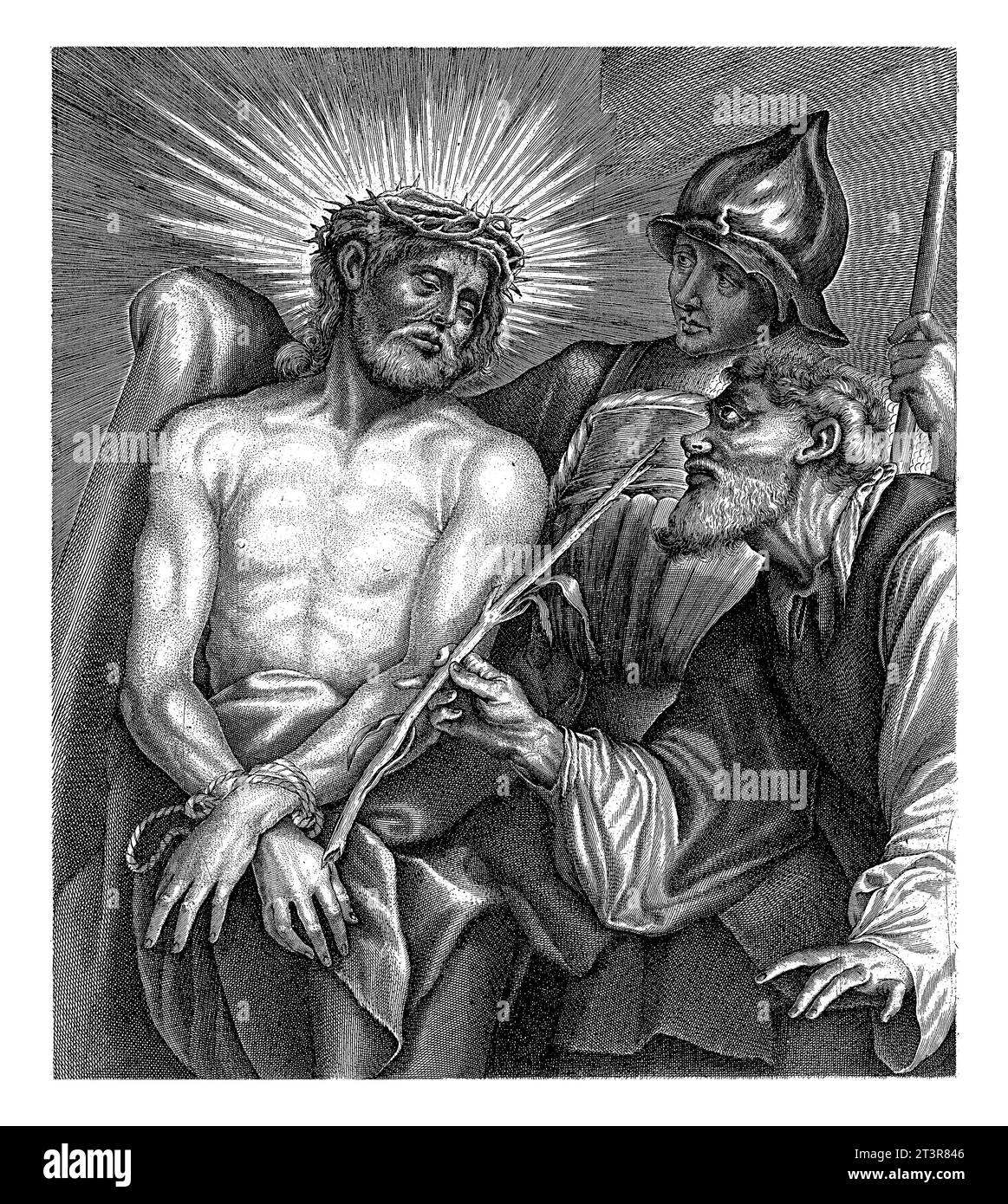 Cristo con una Corona di spine, Charles van Boeckel, dopo Anthony van Dyck, c. 1625 - c. 1675 Cristo riceve la corona di spine e il mantello viola Foto Stock