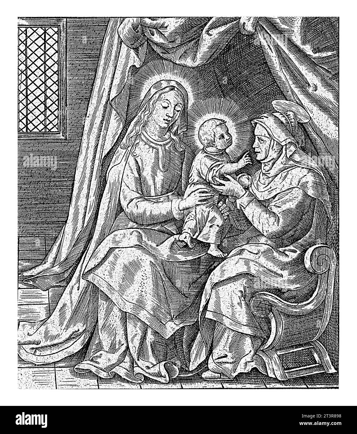 Anna te Drieen, Hieronymus Wierix, 1563 - prima del 1620 la Vergine è seduta con il Cristo bambino in grembo. Il bambino si rivolge ad Anna, che è seduta Foto Stock