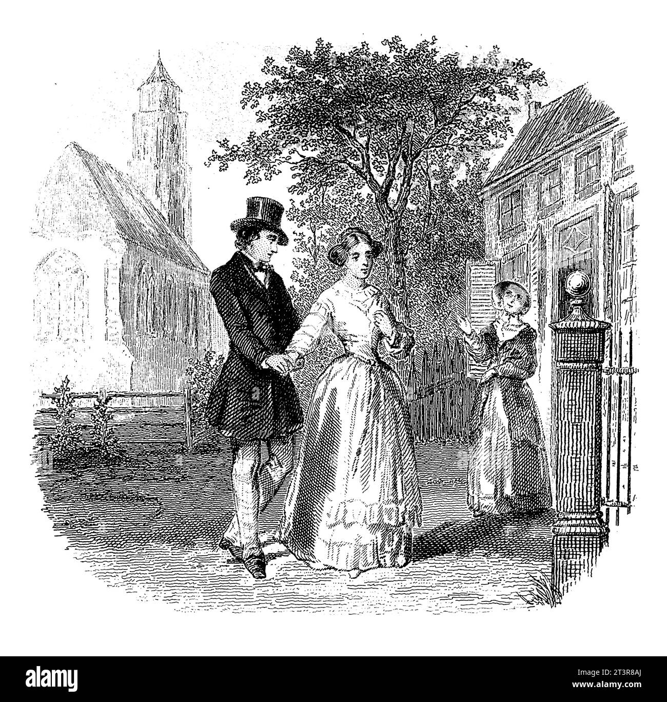 Giovane coppia con una giovane donna, Willem Frederik Wehmeyer, dopo Herman Frederik Carel Ten Kate, 1837 - 1854 in un giardino si trova una giovane coppia. Foto Stock