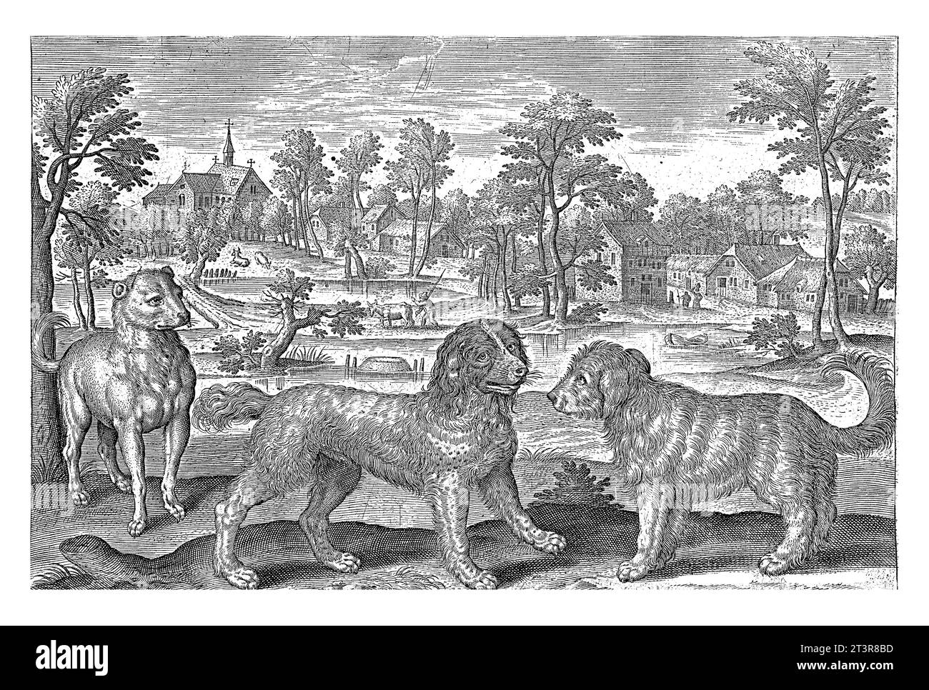 Cani, Adriaen Collaert, 1595 - 1633 tre cani in primo piano. Sullo sfondo un paesaggio con un fiume. La stampa fa parte di una serie con anima Foto Stock