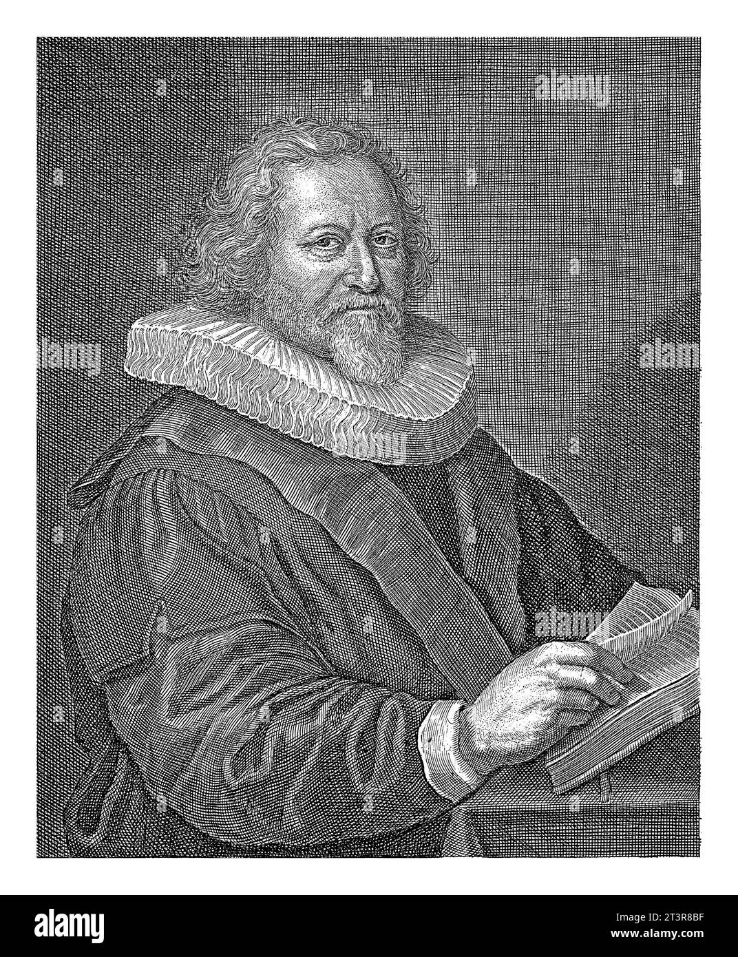 Ritratto del teologo e scrittore Gerardus Joannes Vossius. Ai margini un poema di lode di otto righe, in due colonne, in latino. Foto Stock