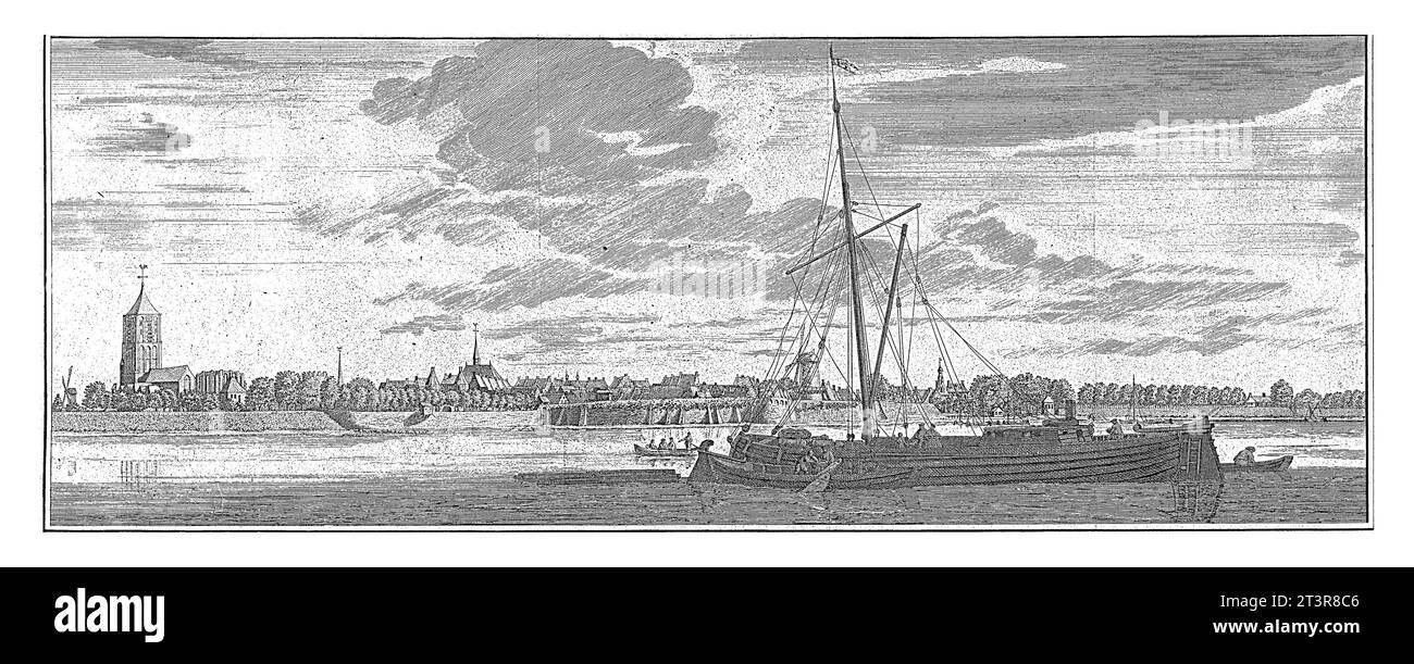 Vista di Tiel, Jan Caspar Philips, dopo Abraham de Haen (II), 1740 - 1741 Vista della città di Tiel, vista dal Waal. Una nave in primo piano. Foto Stock