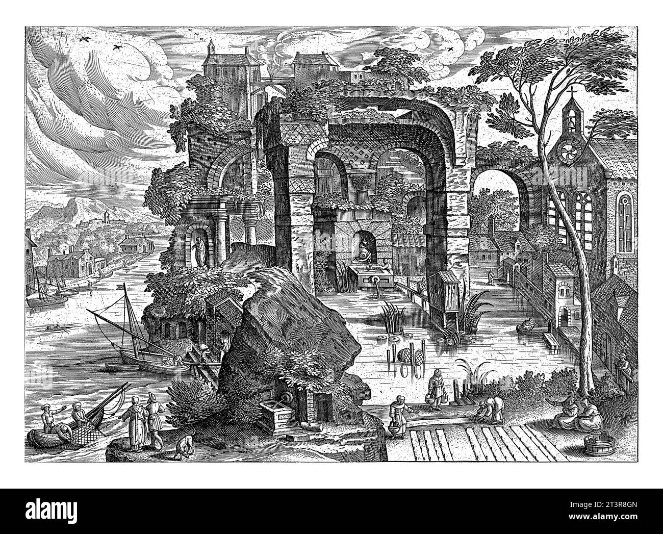 Paesaggio con rovine e stagno, Adriaen Collaert, dopo Hendrick van Cleve, 1587 in primo piano sulla riva di un fiume. Accanto alla banca c'è una grande r Foto Stock