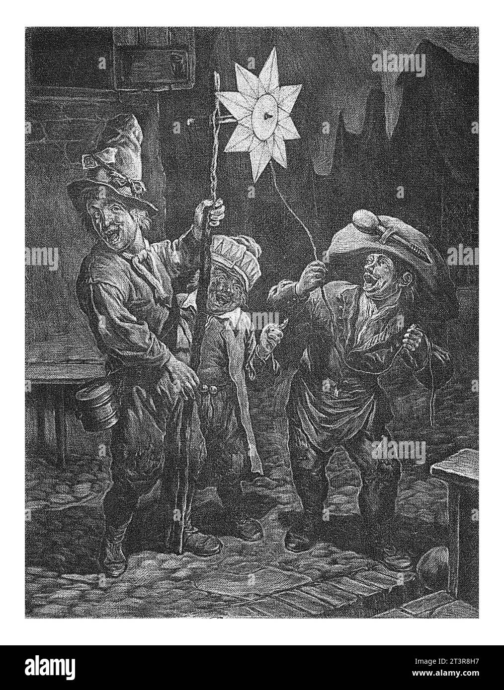 Gennaio, Cornelis Dusart, 1679 - 1704 Vista notturna in una città con tre bambini che celebrano l'Epifania. Uno dei bambini tiene una stella su un bastone. Foto Stock