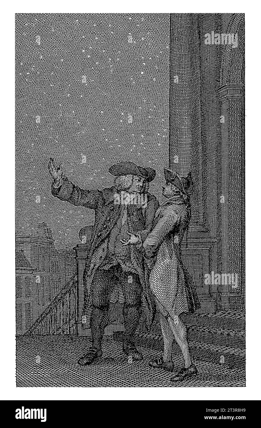 Due uomini che parlano davanti a una chiesa sotto il cielo stellato, Reinier Vinkeles (i), 1751 - 1816 Foto Stock