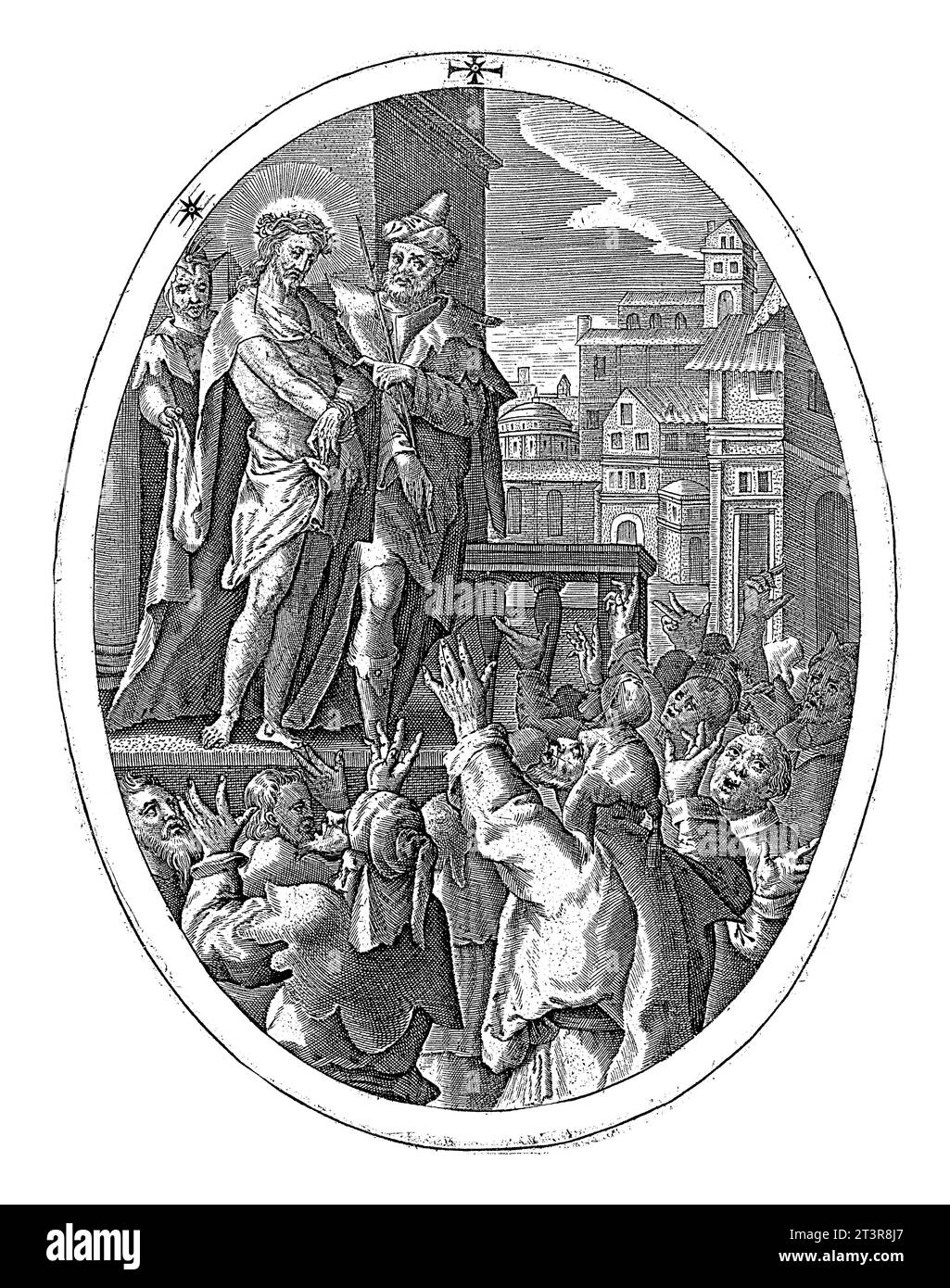 Cristo mostrato al popolo, Crispijn van de Passe (i), 1601 Ponzio Pilato mostra il Cristo ucciso al popolo ebraico. La gente sta piangendo Foto Stock