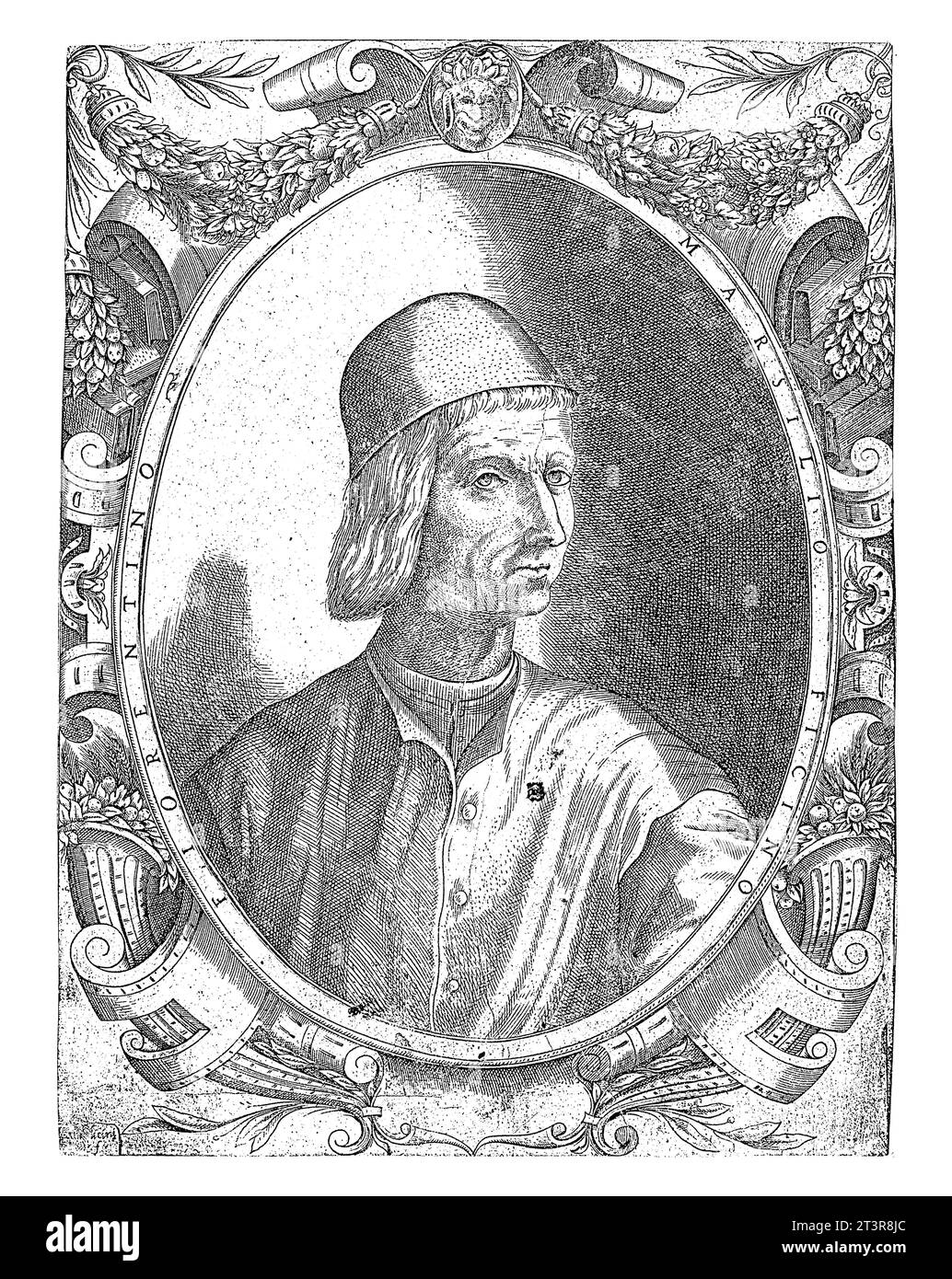 Ritratto del filosofo Marsilio Ficino, Enea Vico (forse), 1533 - 1567 Ritratto di Marsilio Ficino, incorniciato in ornamento. Foto Stock