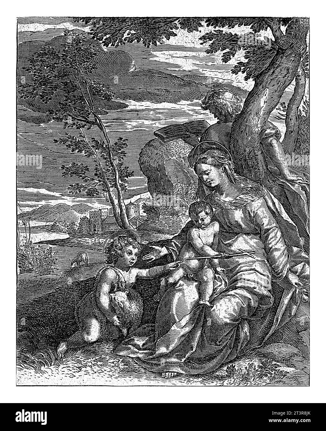 La Sacra famiglia e Giovanni Battista, Crispijn van de Passe (i) (attribuito a), 1574 - 1637 Maria siede con il bambino di Cristo in grembo, raggiunge o Foto Stock