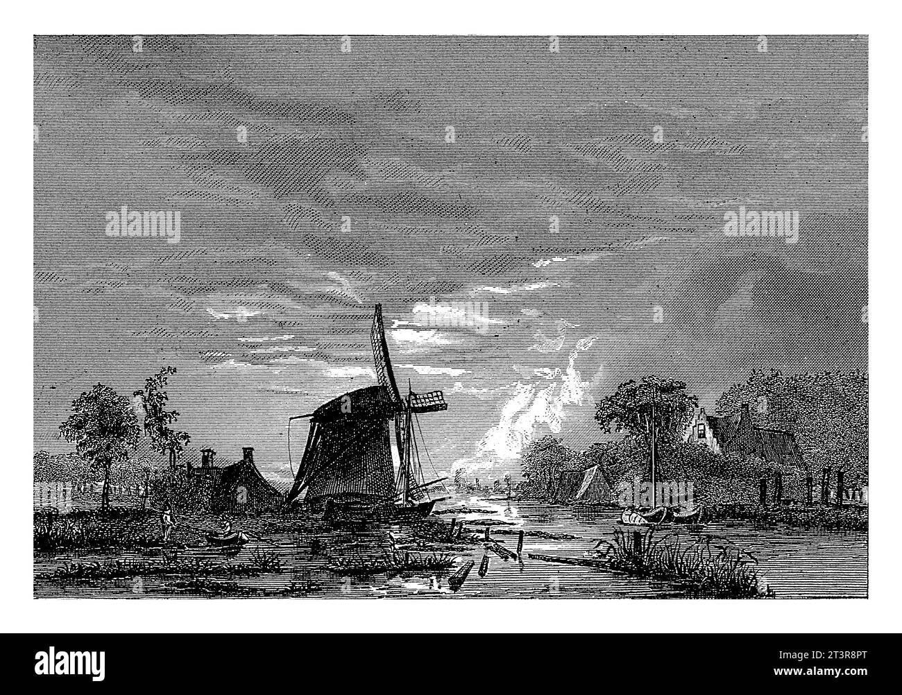 Mulino su un fiume, Christiaan Lodewijk van Kesteren, 1842 - 1897 sulle rive di un fiume, con barche, c'è un mulino, ospita alcuni alberi. Foto Stock