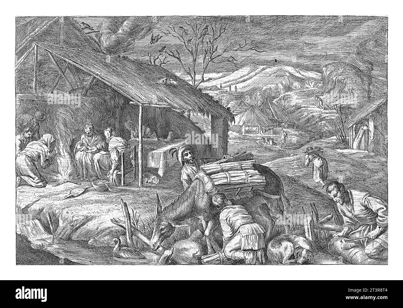 Inverno, Jan van Ossenbeeck, entro o dopo il 1660 due uomini caricano un asino di legno. Un terzo uomo taglia a pezzi un tronco d'albero. A sinistra una famiglia seduta Foto Stock