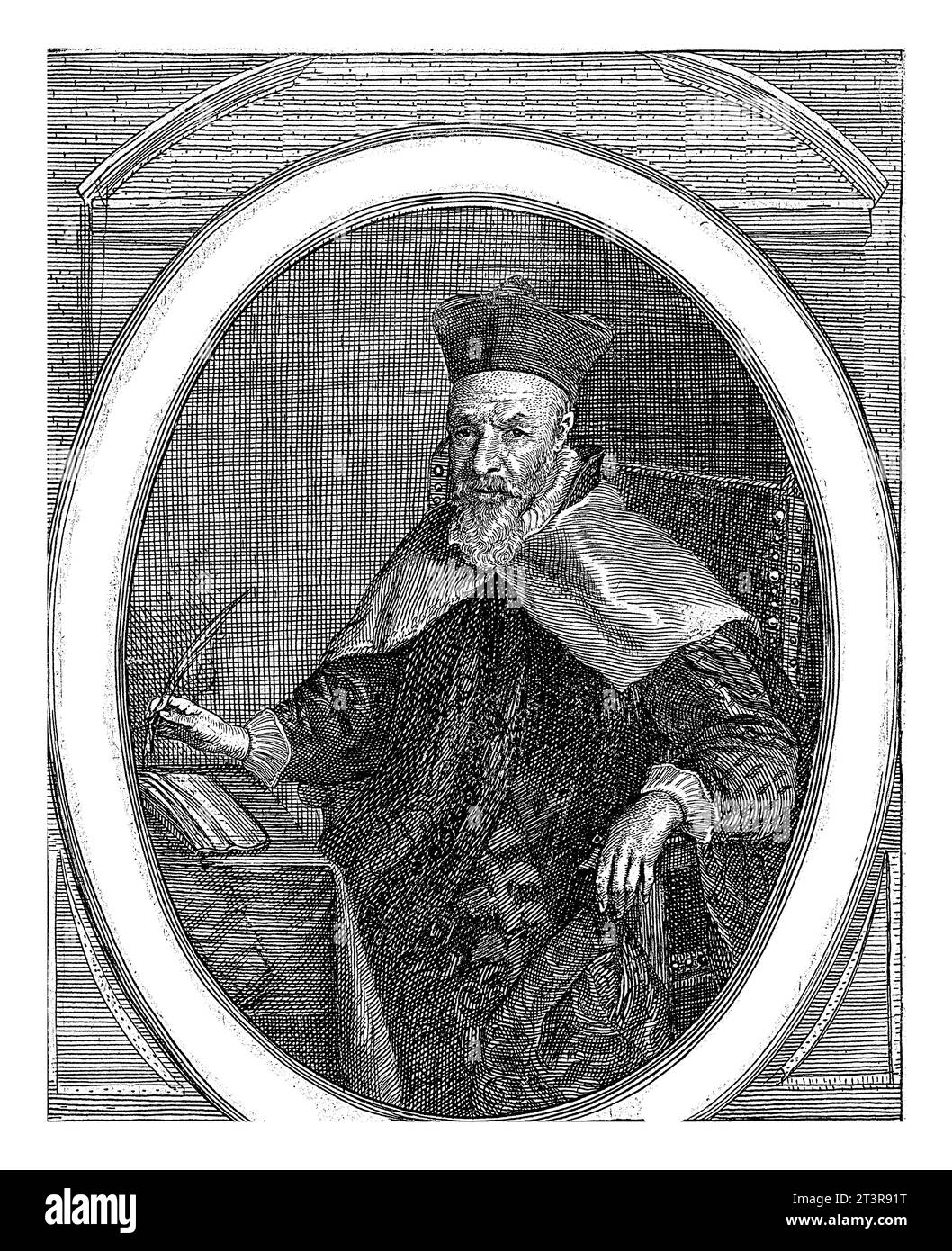 Ritratto di Andre Delvaulx, professore di diritto a Lovanio, seduto a un tavolo con una quill in mano. Nella parte inferiore del margine è presente un testo a tre righe nella Foto Stock