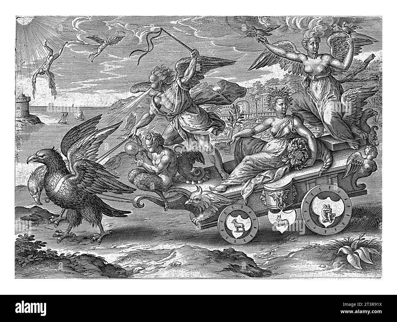 Air, Antonie Wierix (II), dopo Marten van Cleve (i), 1565 - prima del 1604 la personificazione femminile di Element Air cavalca su un carro trionfale. Foto Stock