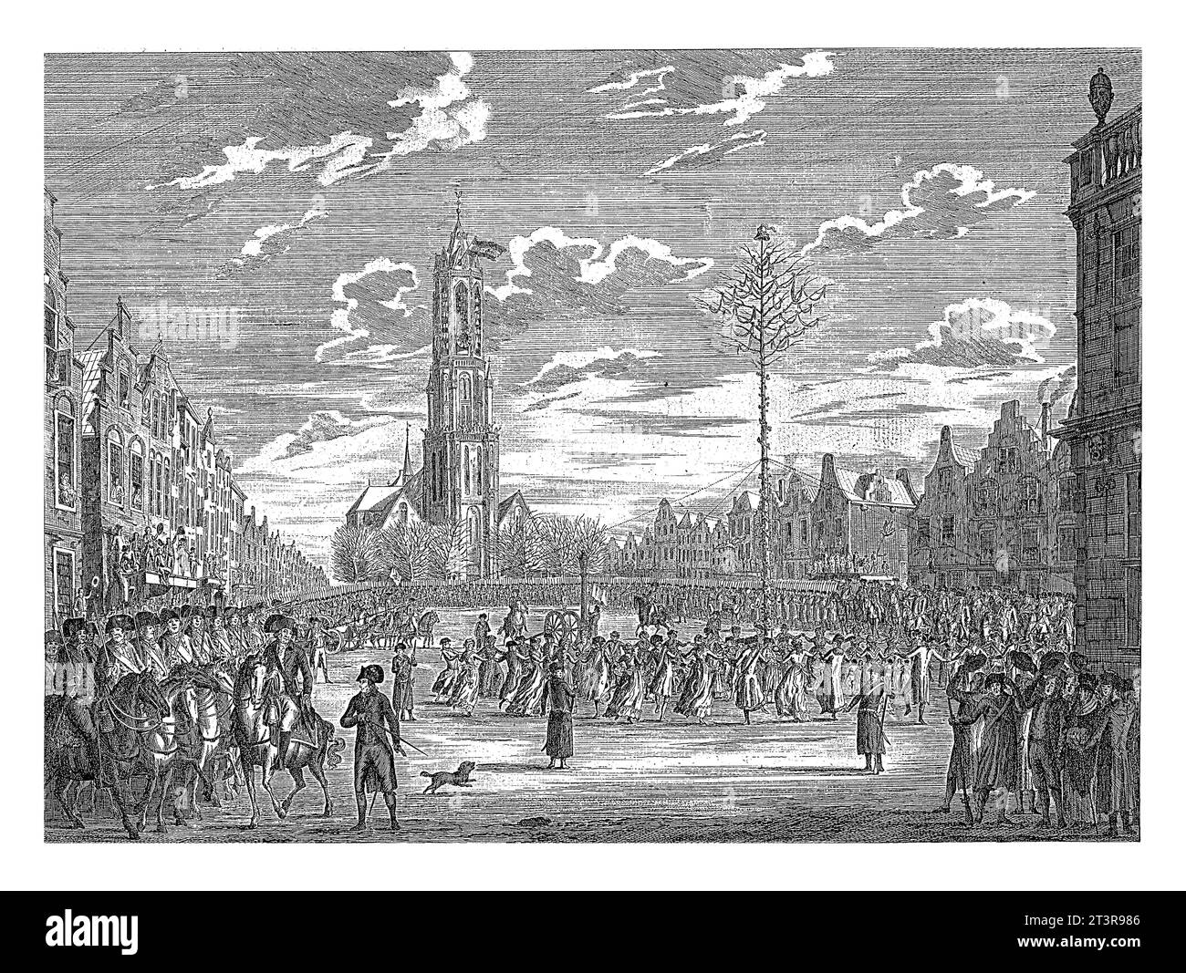 Piantando l'albero della libertà a Delft, 1795, Johannes Jelgerhuis, 1795 uomini e donne ballano intorno all'albero della libertà posto di fronte al municipio Foto Stock