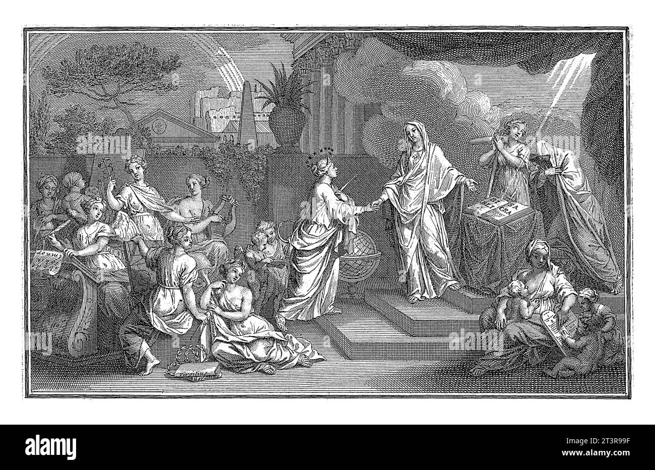 Rappresentazione allegorica della corrispondenza tra religione e filosofia, o fede e ragione, Bernard Picart, 1708 Philosophy personified, wi Foto Stock
