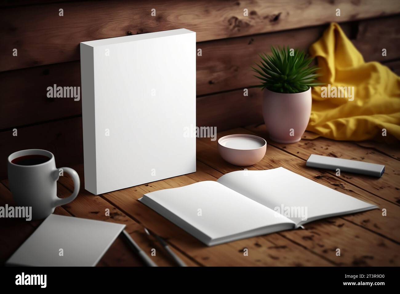 Copertina del libro vuota modello verticale bianco su un tavolo - interno della stanza Foto Stock