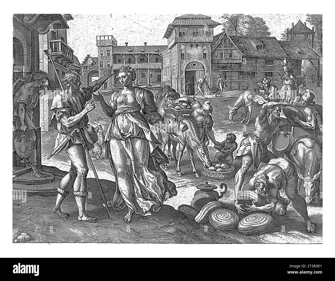 Abigail Gathering Food, Maerten de Vos, 1585 Abigail, moglie di Nabal, ha asini pieni di panini e brocche di vino. Prenderà il cibo Foto Stock