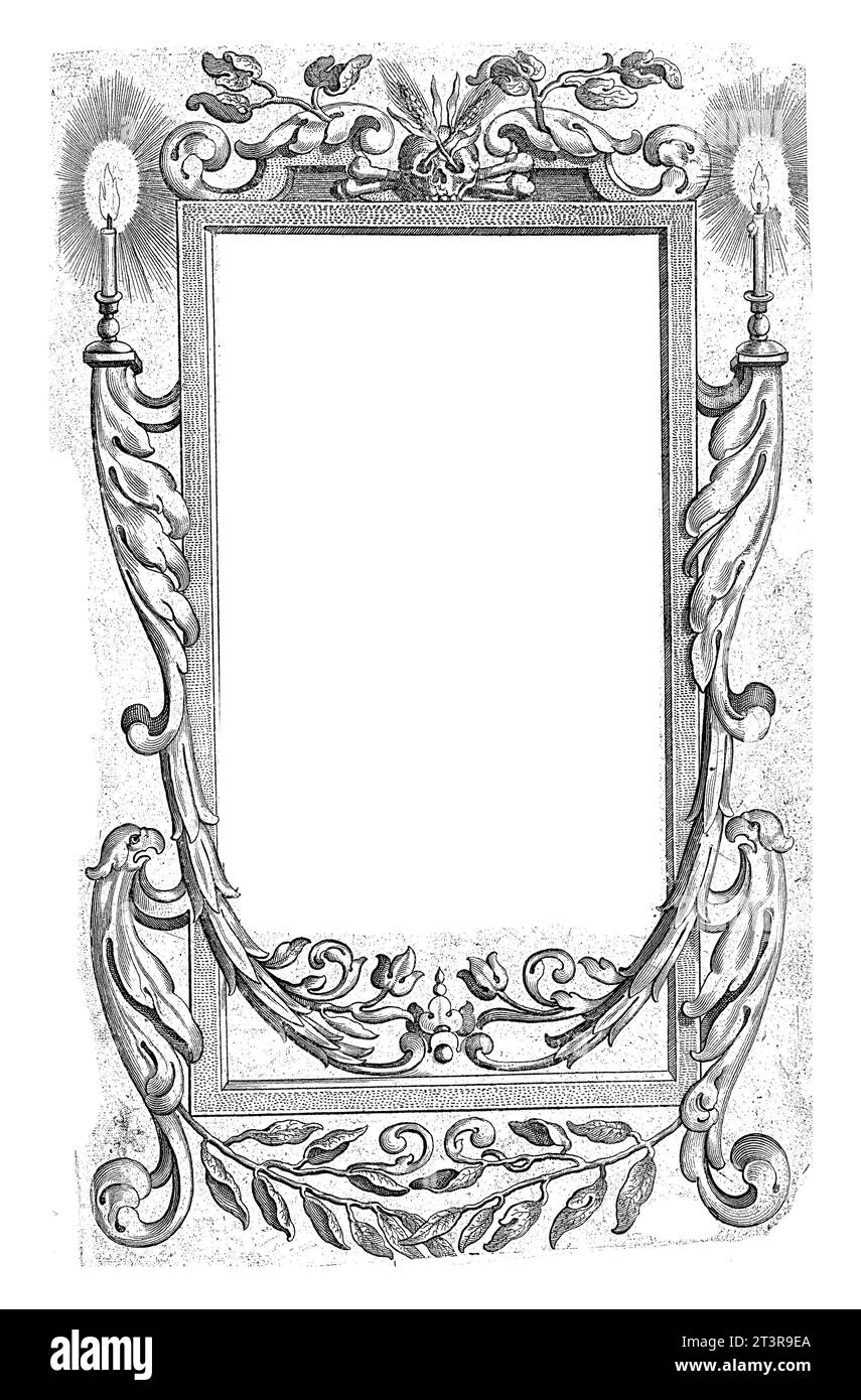 Cartiglio a forma di epitaffa con storia familiare di Maurits, Michiel le Blon, 1628, inciso d'epoca. Foto Stock