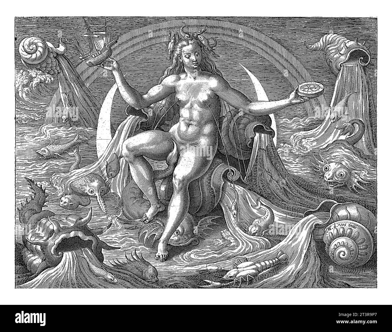 Acqua, Adriaen Collaert, dopo Maerten de Vos, 1580 - 1584 l'elemento dell'acqua, personificato da una dea del fiume. È circondata dall'acqua con tutti i k Foto Stock