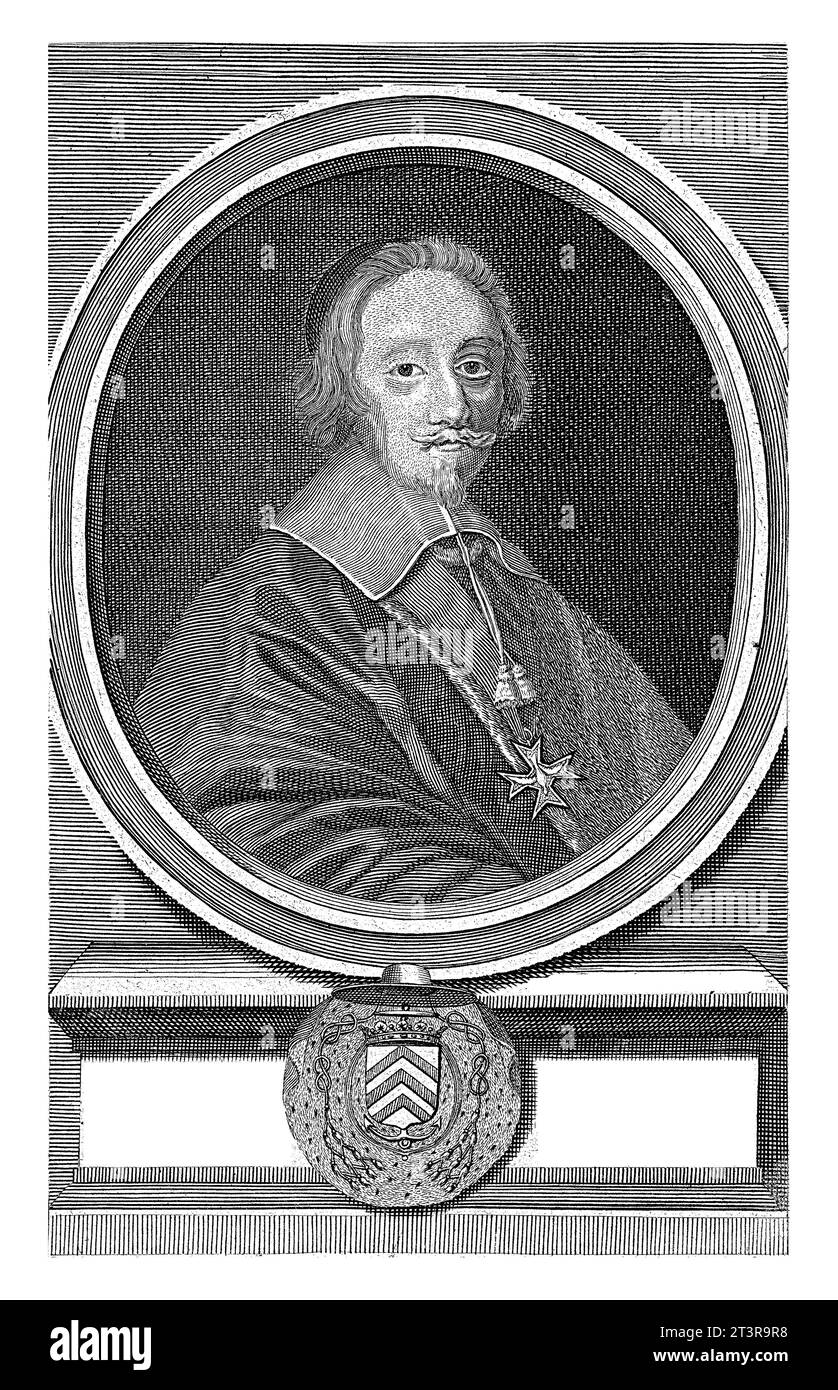 Ritratto del Cardinale Richelieu, Peter Paul Bouche, dopo anonimo, c. 1661 - c. 1693 Ritratto del Cardinale Richelieu, in ovale su un piedistallo in pietra. Foto Stock