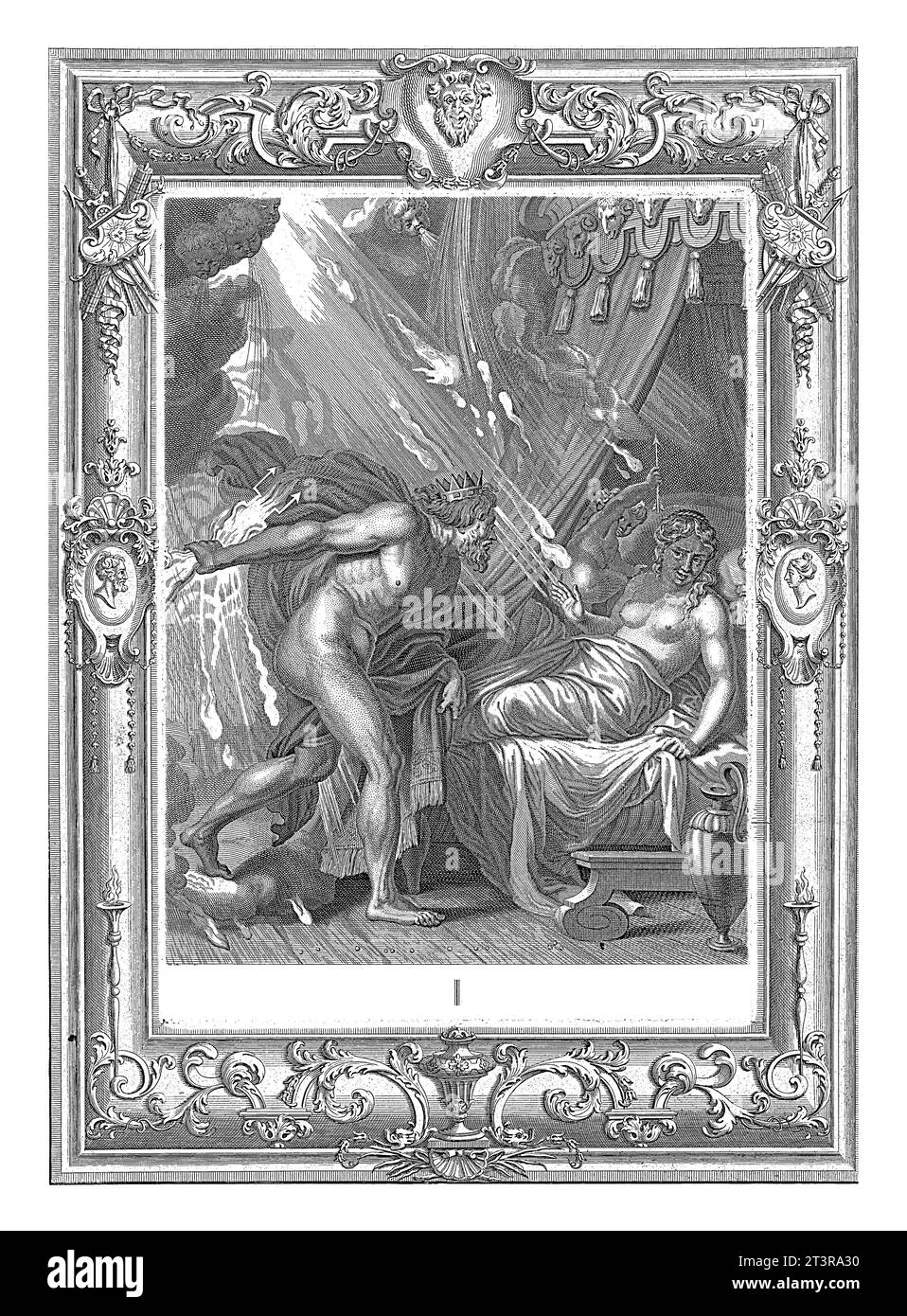 Giove uccide Semele, Bernard Picart (laboratorio di), 1733 Semele implora Giove di amarla. Si arrende con riluttanza perché con il bagliore dei suoi Lightni Foto Stock