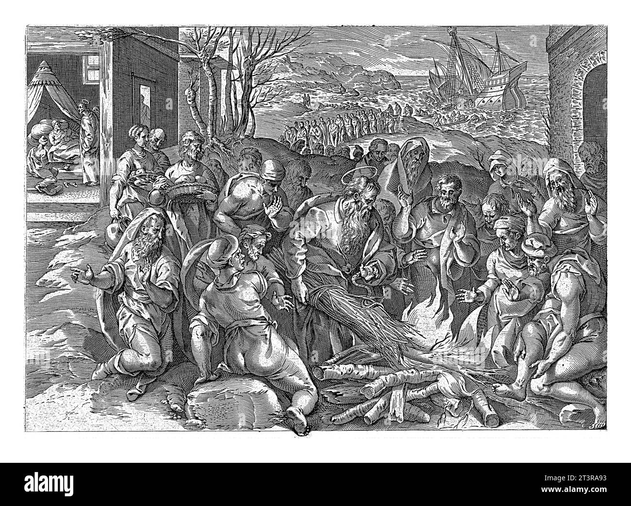 Paulus a Malta, dopo Hendrick Goltzius, dopo Jan van der Straet, 1646 durante il viaggio verso Roma, la nave di Paulus naufragò al largo della costa di Malta. TH Foto Stock