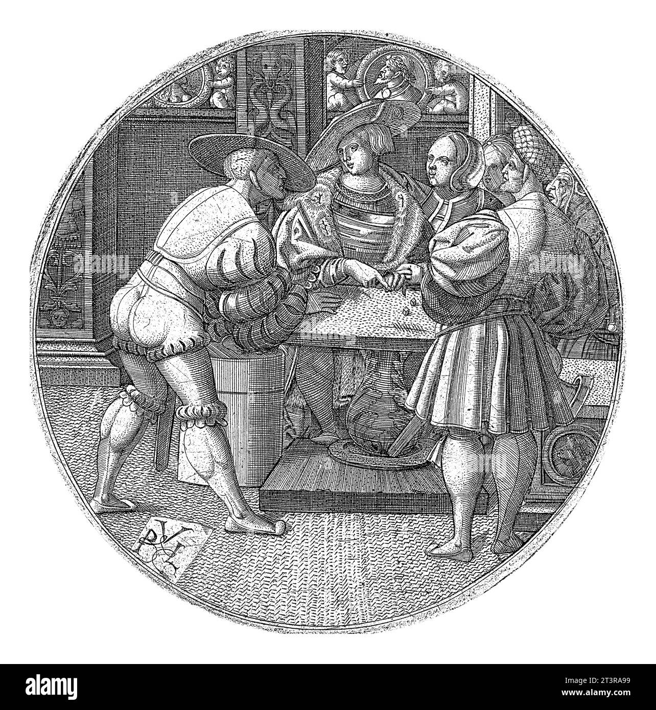 Gioco dei dadi, Monogrammist PVL (XVI secolo), 1520 - 1530 rappresentazione circolare con persone intorno a un tavolo con due dadi. Foto Stock