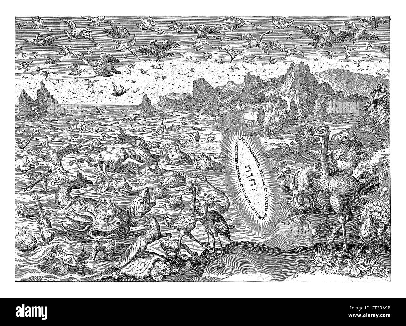 Creazione di uccelli e creature marine, Johann Sadeler (i), dopo Maerten de Vos, 1639 nel Dio in primo piano il padre sotto forma di tetragramma. Foto Stock