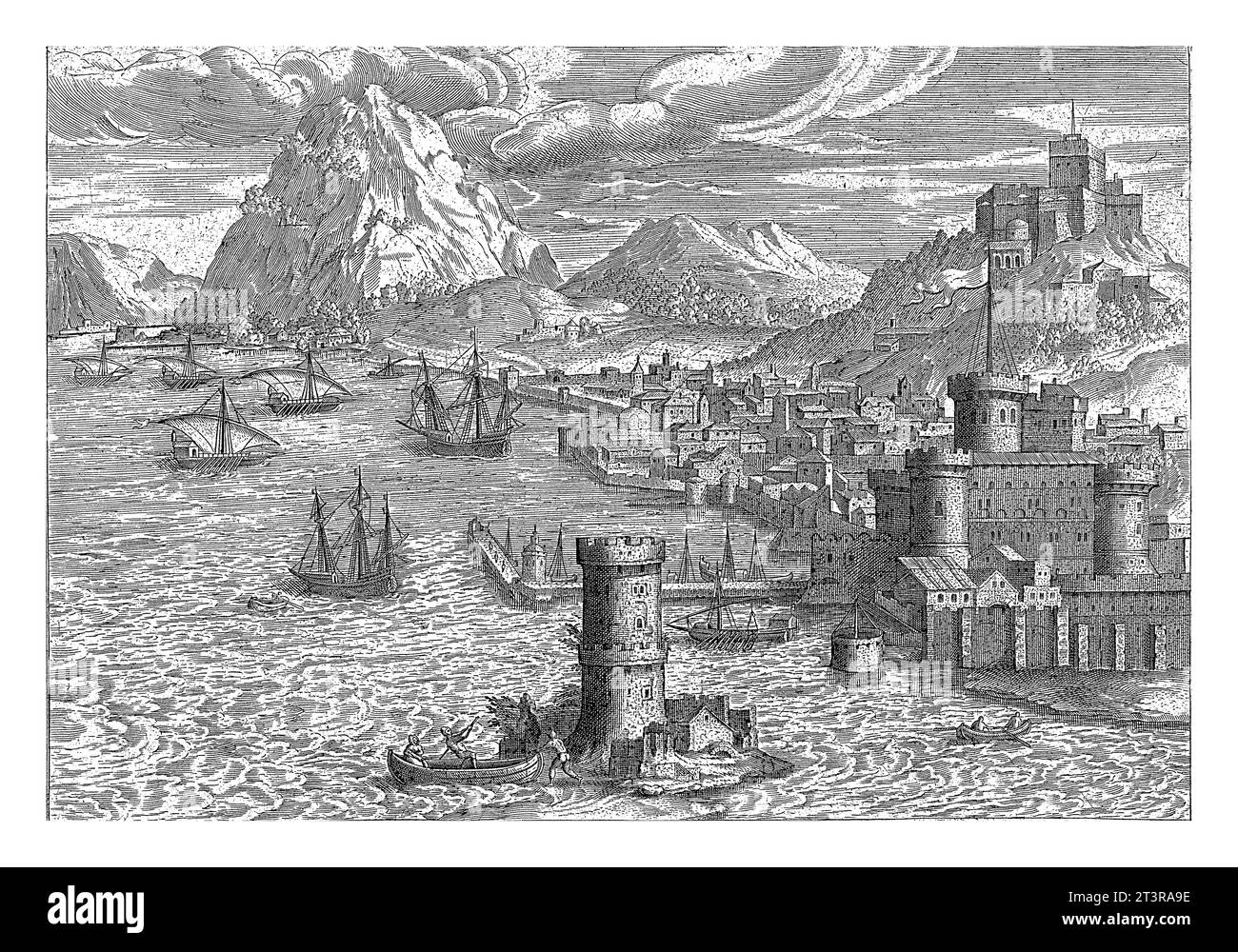 Vista di Napoli, Hendrick van Cleve, vista a 1585° del porto di Napoli. Alcune navi in primo piano. La stampa fa parte di una serie che illustra vari pla Foto Stock