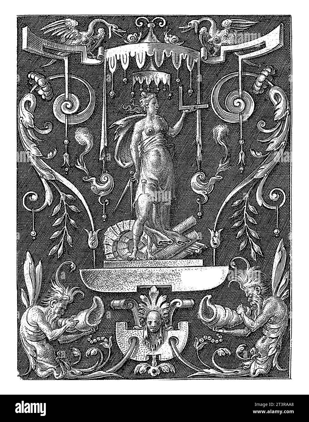 Architecture, Etienne Delaune, 1528 - 1583 l'architettura con un gancio per lo shopping e una bussola. In basso a sinistra e in basso a destra, un satellite alato Foto Stock