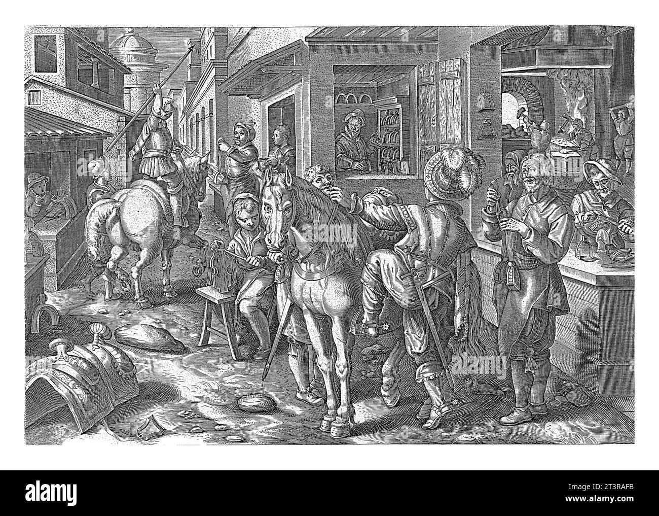 Stirrups, Philips Galle, dopo Jan van der Straet, 1589 - 1593 Una strada in cui viene prodotta e venduta la viabilità del cavallo. In primo piano, un nobile monta il suo ho Foto Stock