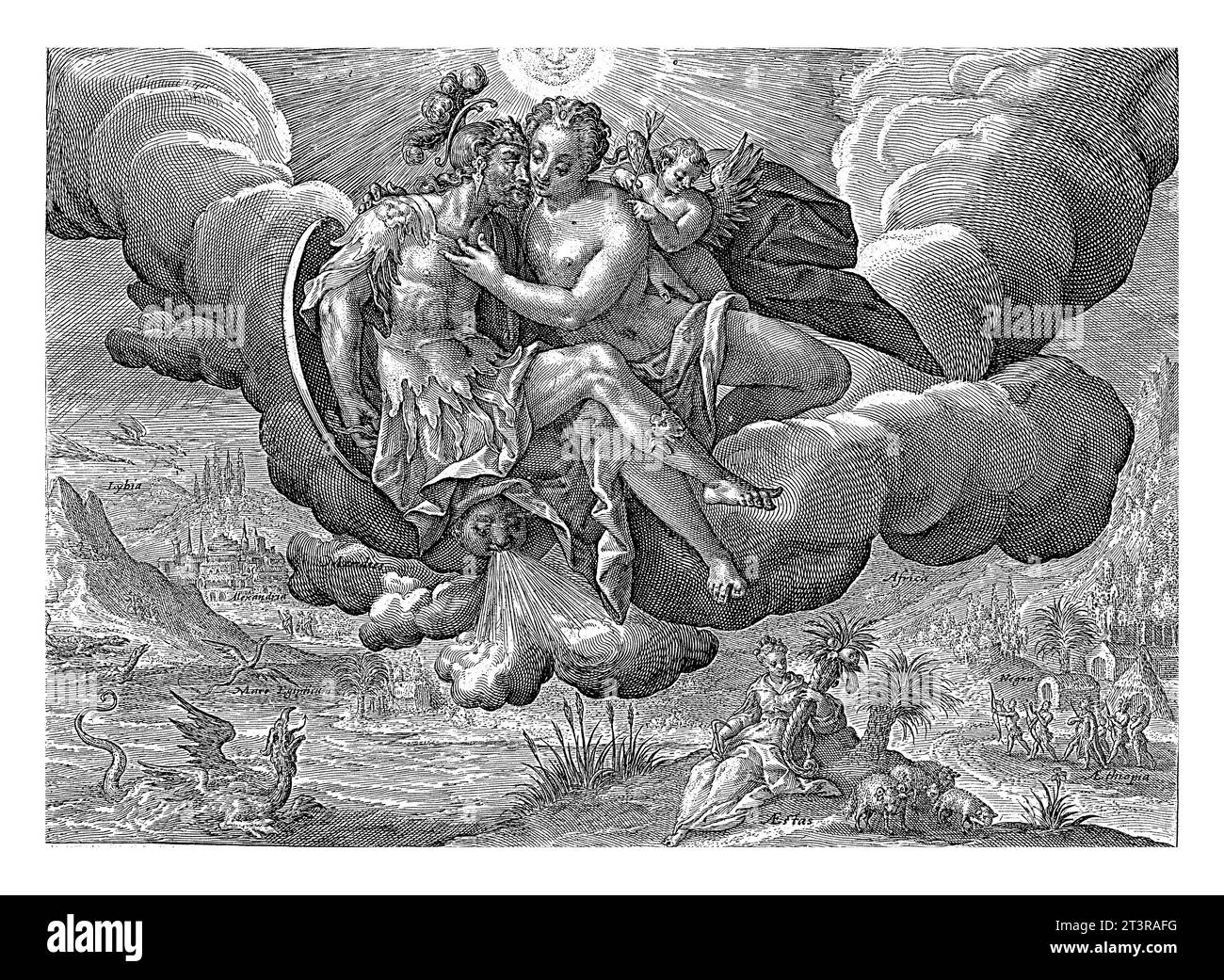 South Wind, Crispijn van de Passe (i), 1589 - 1611 Cloud cover con Marte e Venere come una coppia amorevole, personificazione del vento del Sud (Auster). Venus lo è Foto Stock