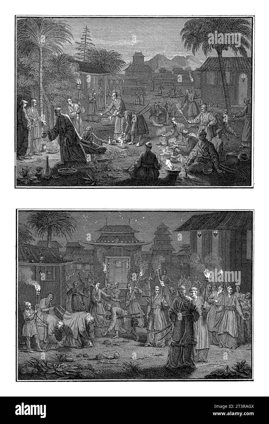The Japanese Spirit Festival, Bernard Picart (laboratorio di), After Bernard Picart, 1728 Magazine con due rappresentazioni del Festival dello spirito giapponese Foto Stock