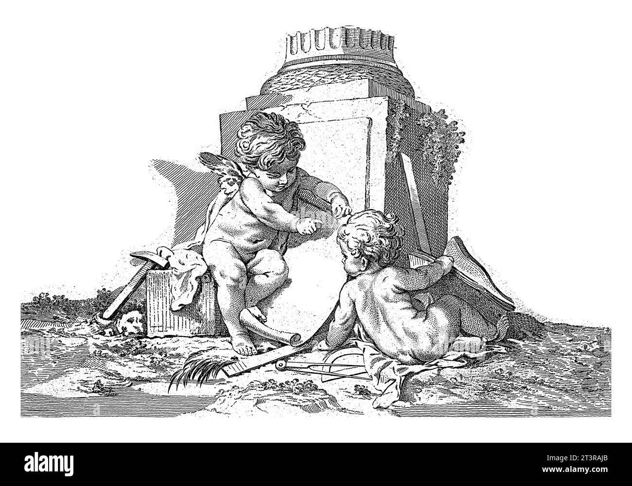 Architettura, Georg Leopold Hertel, dopo Francois Boucher, 1750 - 1778 Allegoria dell'architettura. Due putti con attributi associati ad architectu Foto Stock