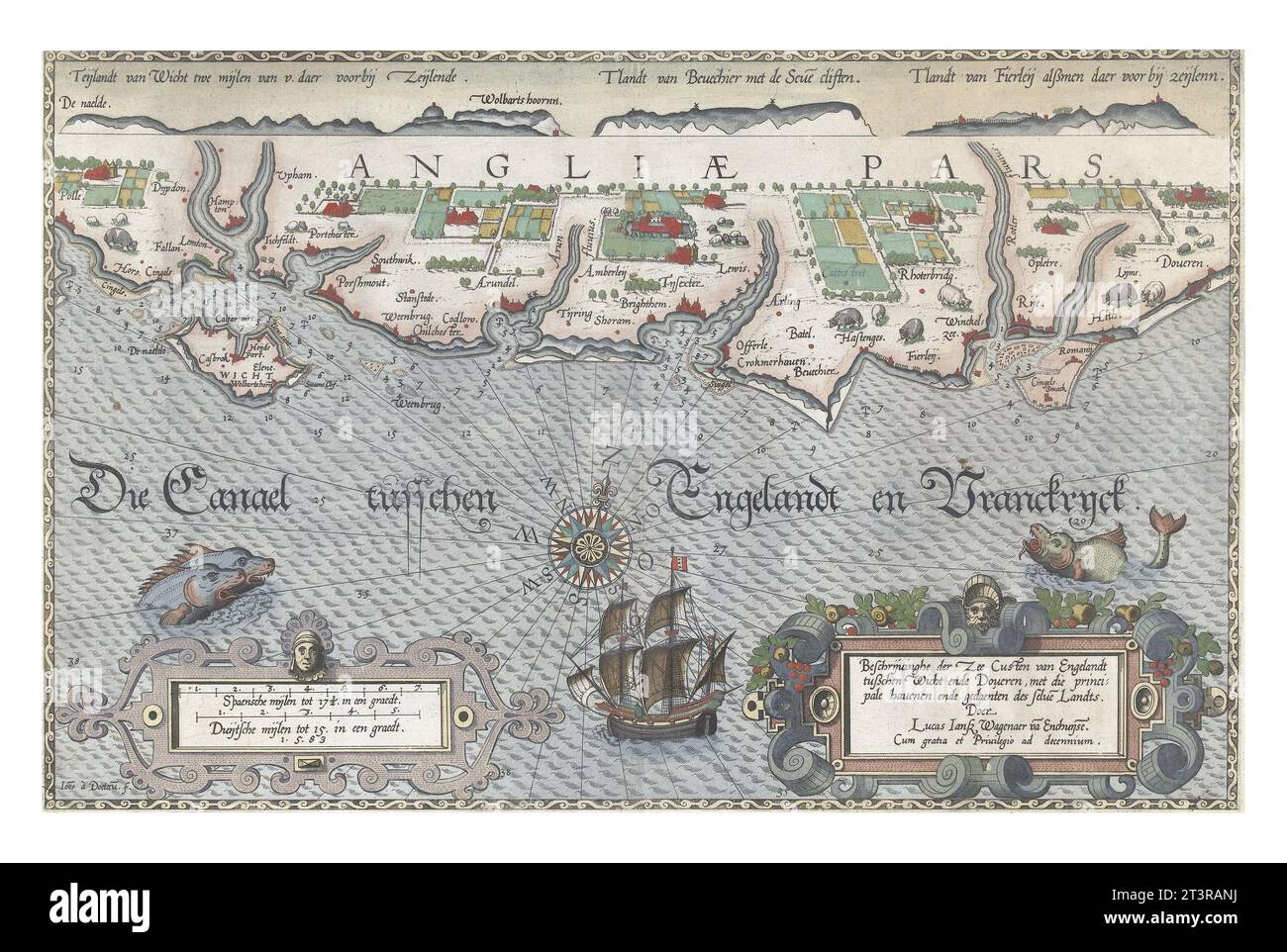 Mappa della costa inglese meridionale tra l'isola di Wight e dover, Joannes van Doetechum (i), 1580 - 1583 Foto Stock