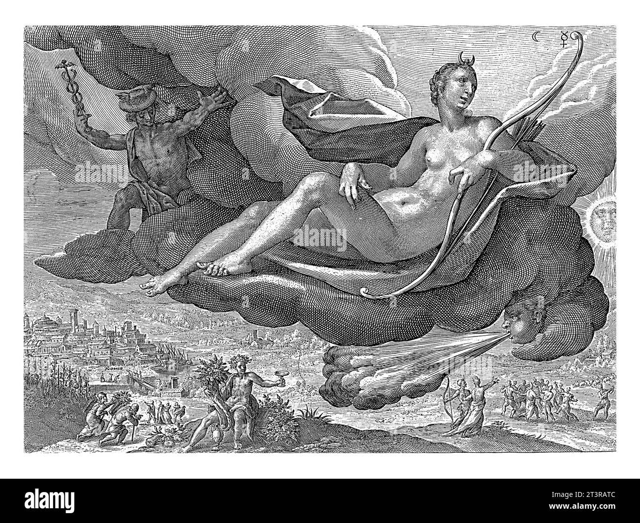 West Wind, Crispijn van de Passe, 1589 - 1611 Cloud Cover with Zephyrus (West wind) and Mercury. Sono accompagnati dal West Wind (Occasus), whic Foto Stock