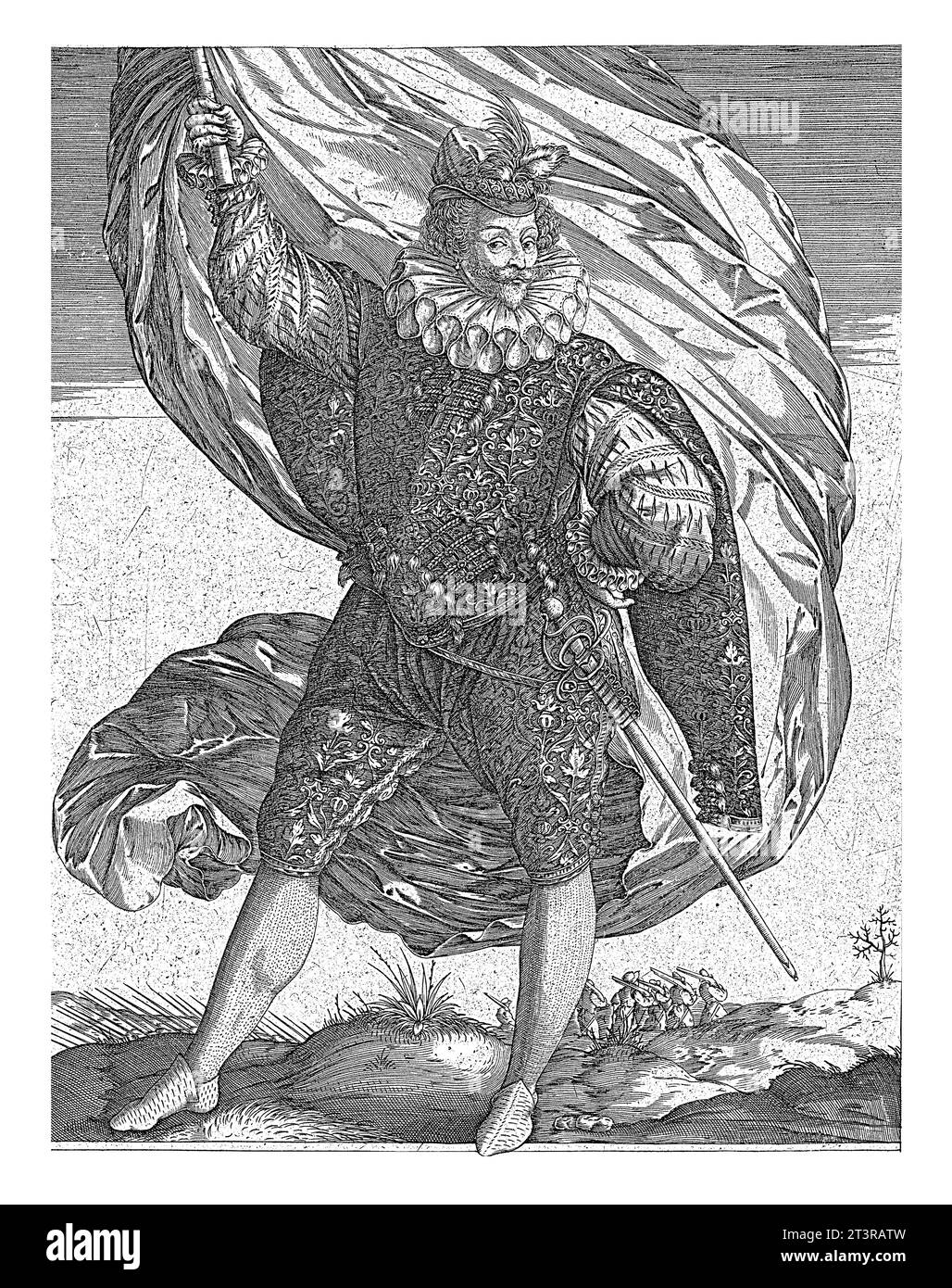 In piedi, a sinistra, Pieter Maes, dopo Hendrick Goltzius, 1586 in piedi, tutta la lunghezza a sinistra, in un paesaggio con soldo marciante Foto Stock