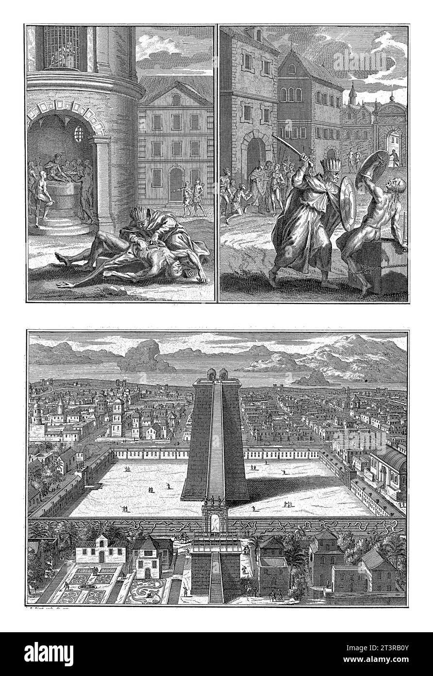 Rappresentazioni di prigionieri e un tempio in Messico, Bernard Picart (laboratorio di), 1722 Foglio con tre rappresentazioni relative al Messico. Foto Stock