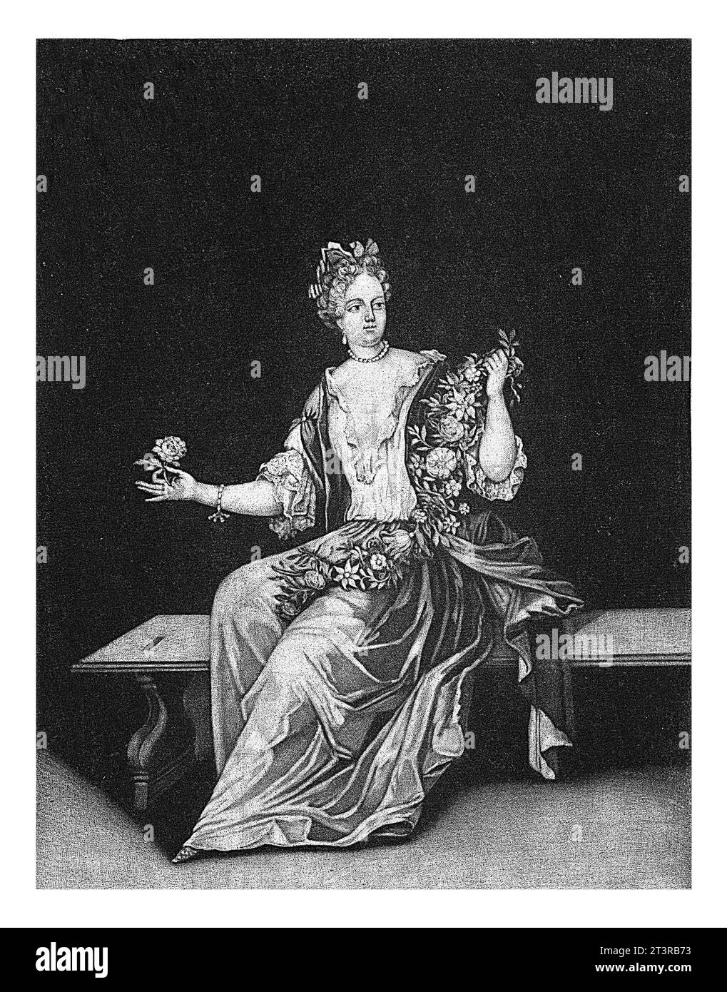 Donna con fiori in mano, Pieter Schenk (i), 1670 - 1713, vintage inciso. Foto Stock