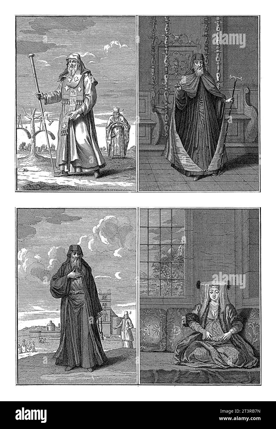 Clero nella Chiesa greco-ortodossa, Bernard Picart (laboratorio di), 1731 Foglio con quattro rappresentazioni di tre cleri nella Chiesa greco-ortodossa a Foto Stock
