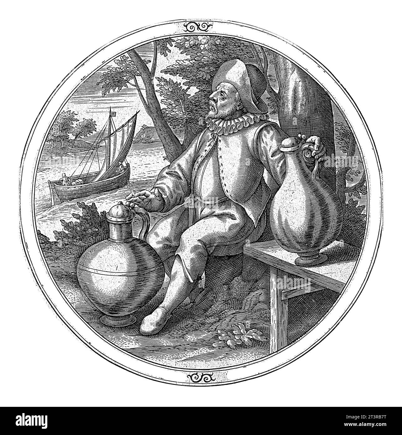 Uomo con due brocche e una nave a vela, anonimo, 1550 - 1610 Un uomo è seduto all'aria aperta con una brocca di bevanda in ogni mano. Sullo sfondo un ri Foto Stock