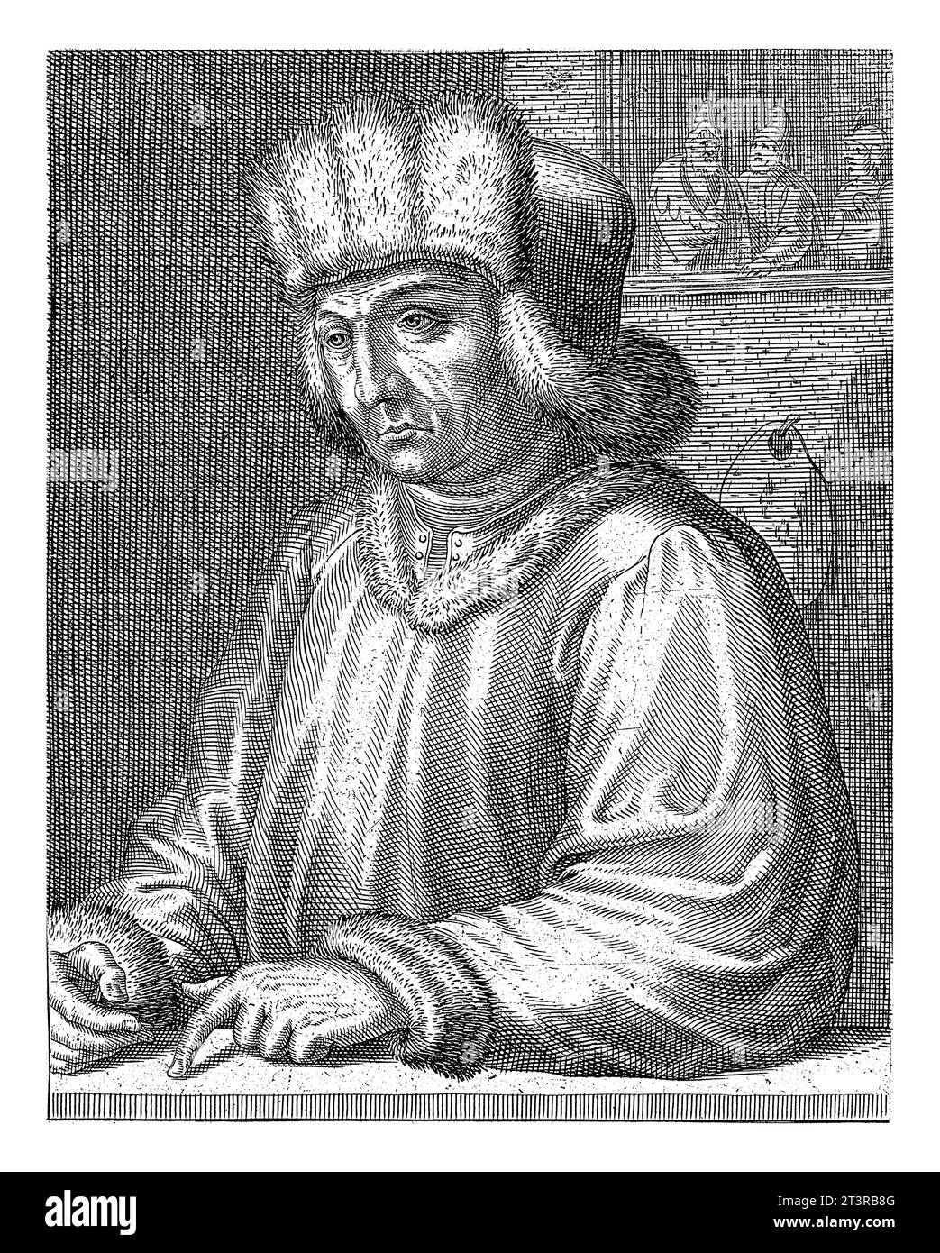 Ritratto di Hubert van Eyck, Hendrick Hondius (i), 1610 Ritratto a sinistra di Hubert van Eyck. Sotto il ritratto ci sono il nome e otto righe in latino. Foto Stock