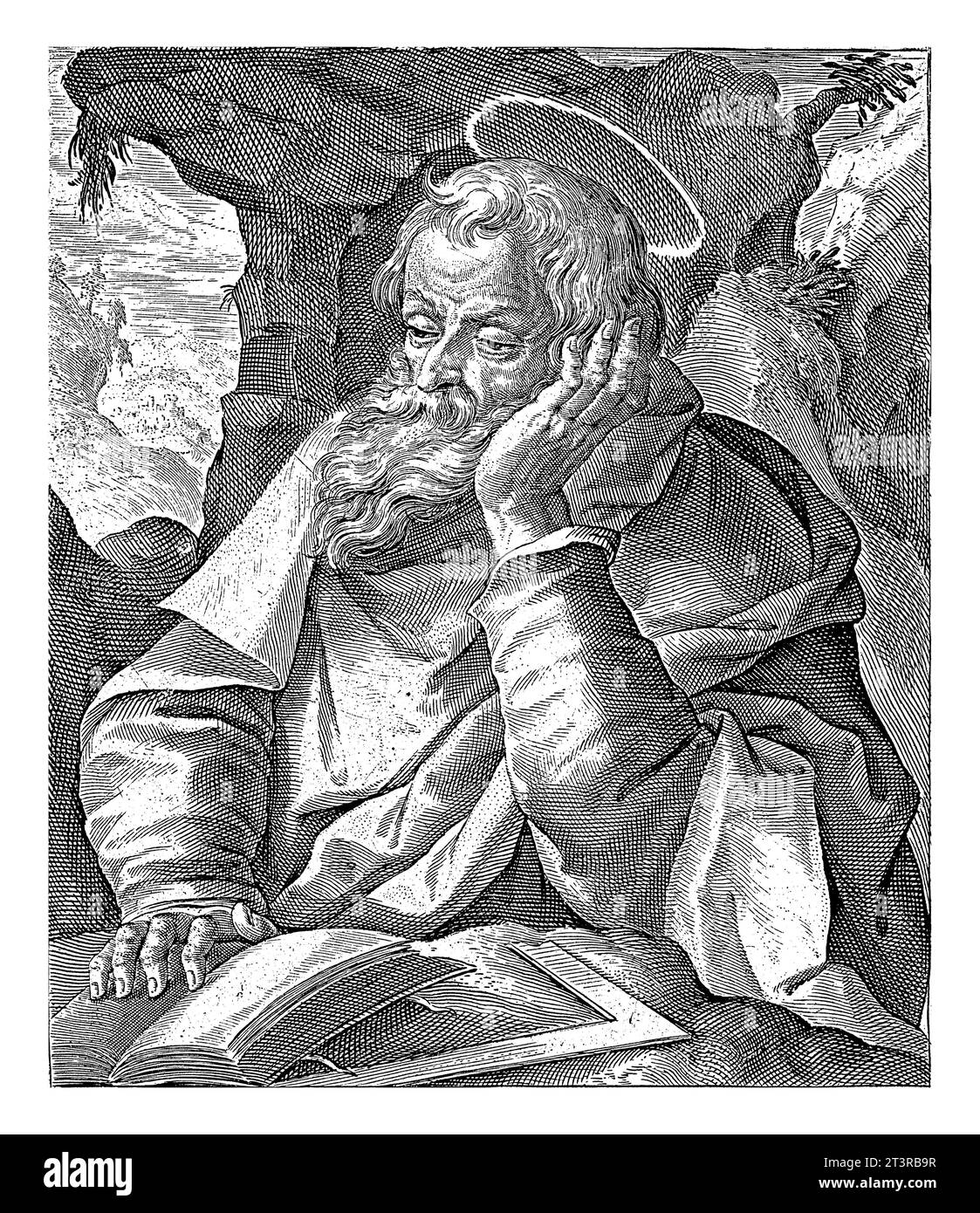 Apostolo Matteo, Crispijn van de Passe (i), 1594 Busto dell'Apostolo Matteo, uno strumento di disegno e un libro aperto per lui. E' in una caverna. Foto Stock